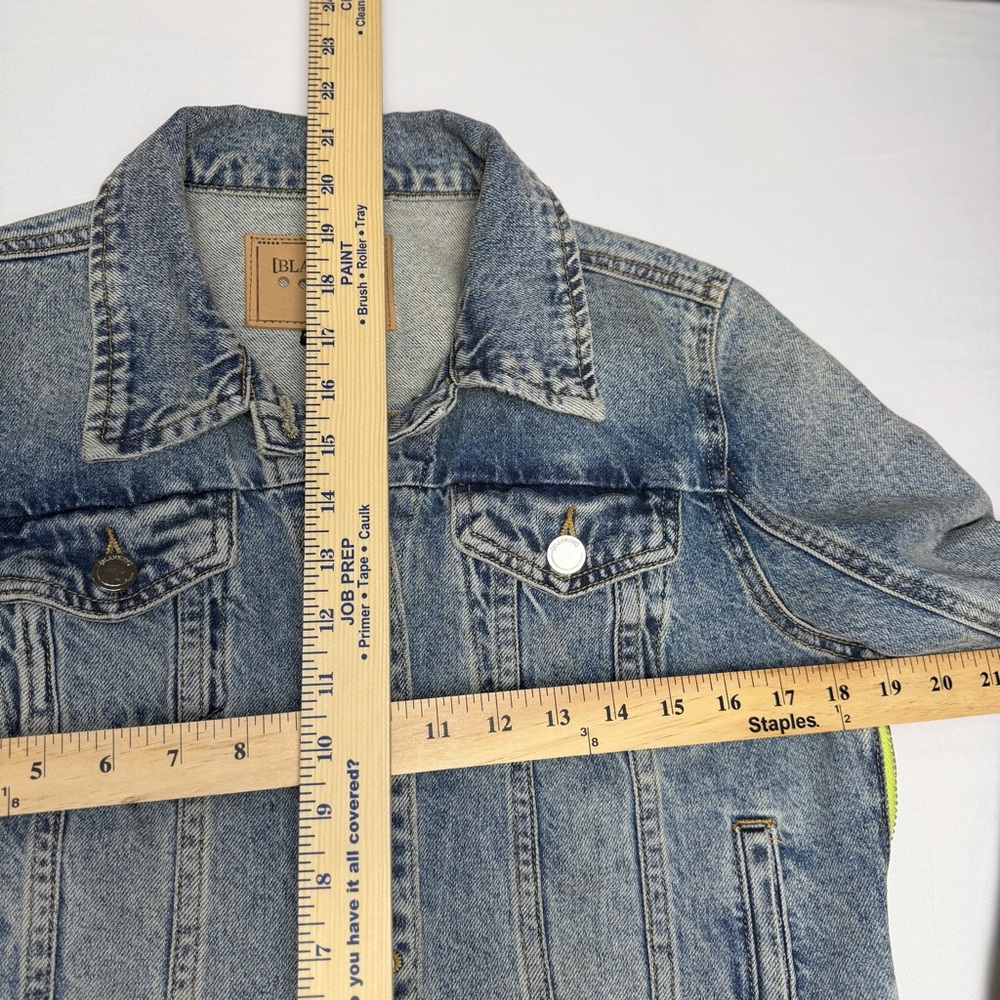 Blank NYC Distressed Denim Jacket Neon Yellow Accent Side Zippers Size Small EUC - Picture 11 of 11